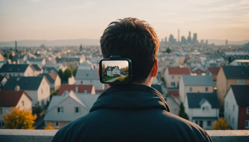 A photo of a person looking at a house, with a subtle background of a cityscape, conveying a sense of opportunity and growth