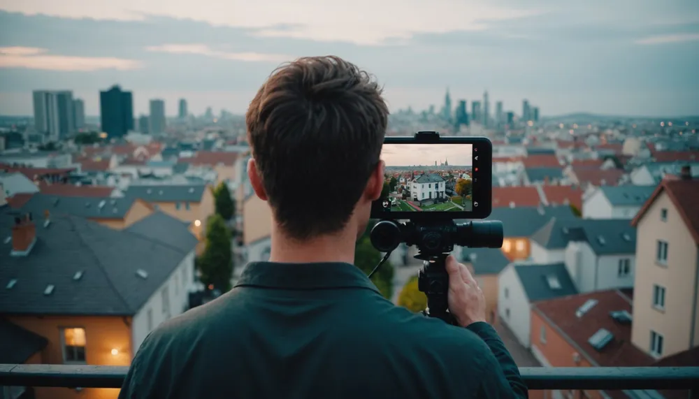 A photo of a person looking at a house with a subtle background of a cityscape, conveying a sense of excitement and possibility