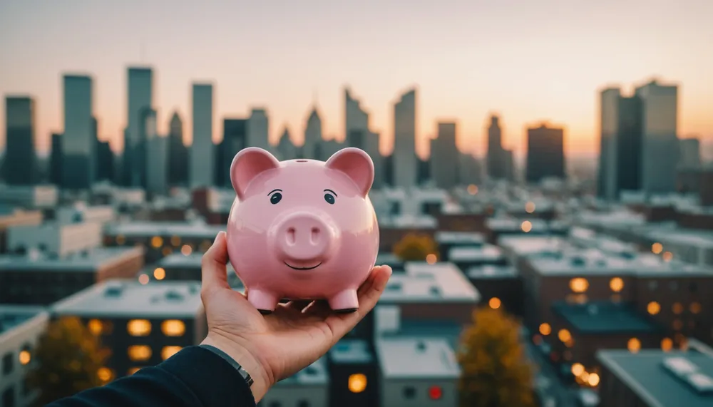 A photo of a person holding a piggy bank, with a subtle background of a cityscape, representing the idea of saving money and planning for the future
