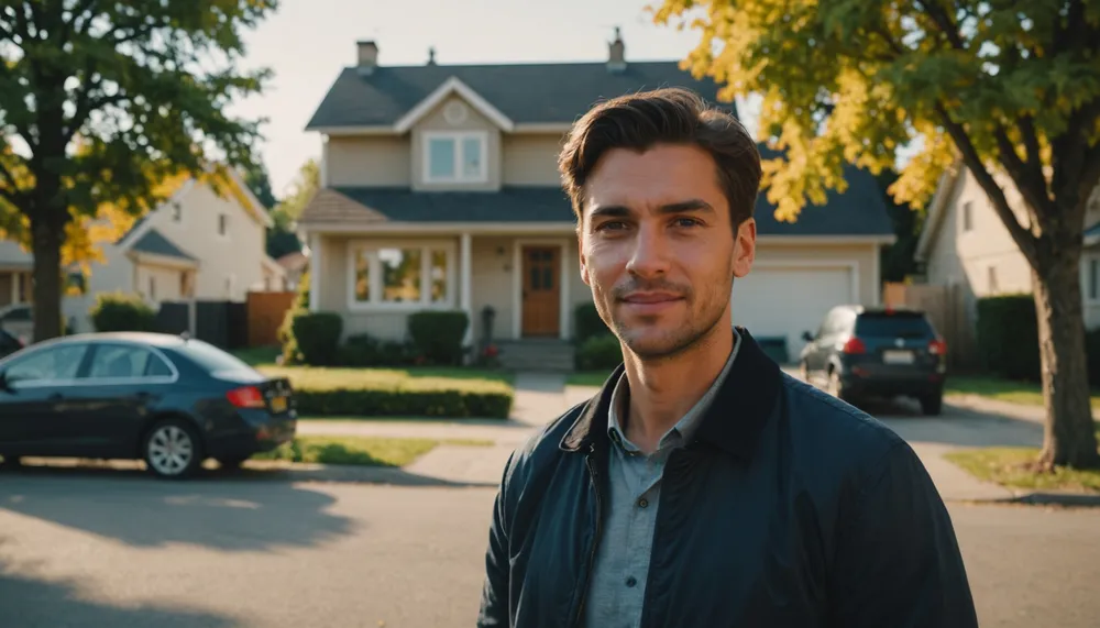 A photo of a person looking at a house with a subtle smile, conveying a sense of excitement and nervousness, with a blurred background of a neighborhood with trees and houses