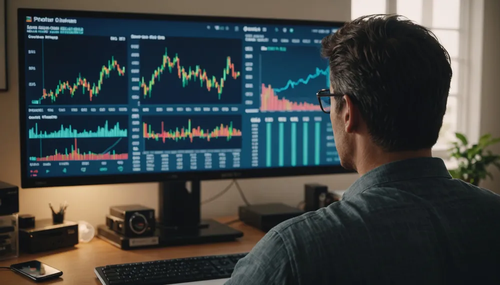A photo of a person looking at a house with a subtle background of financial charts and graphs, conveying a sense of financial stability and security