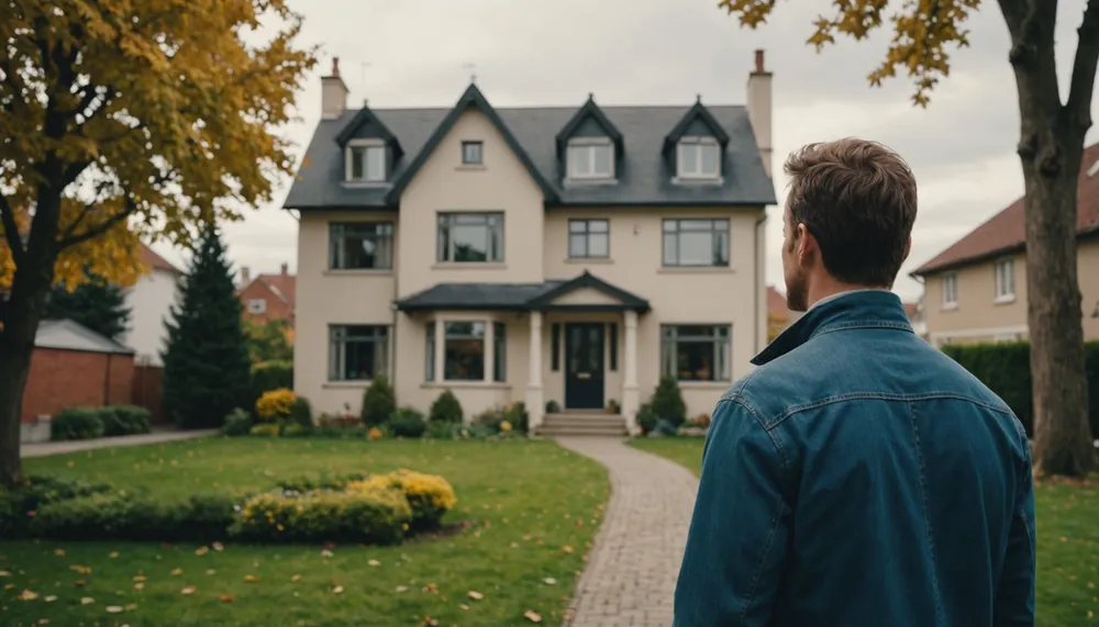 A photo of a person standing in front of a beautiful home, with a subtle background of a cityscape, conveying a sense of freedom and flexibility
