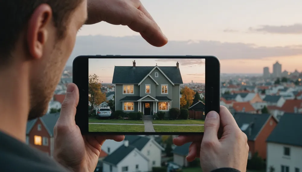 A photo of a person looking at a house, with a subtle background of a cityscape, conveying a sense of serenity and stability, with the house in focus, symbolizing the dream of homeownership