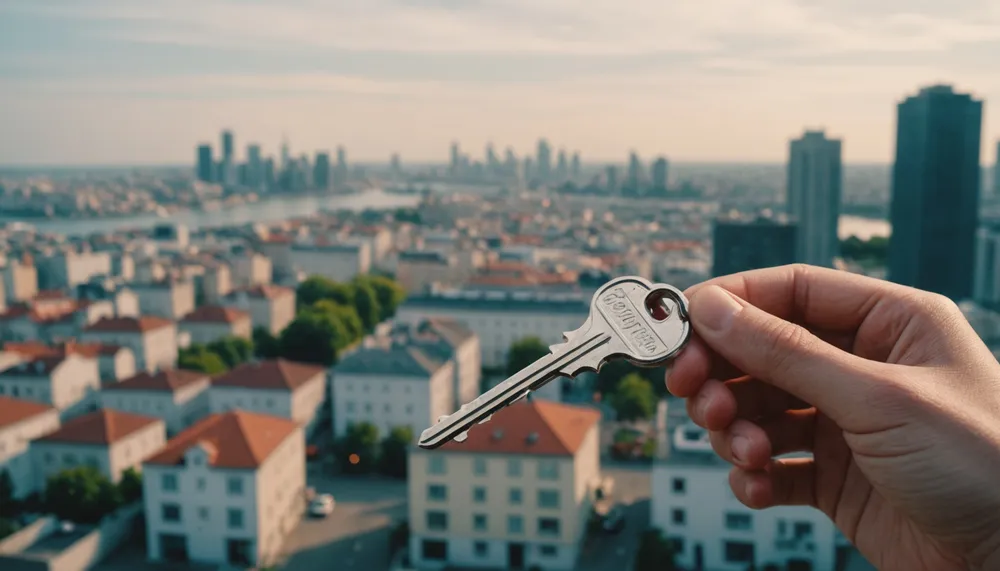 A photo of a person holding a house key, with a subtle background of a cityscape, conveying a sense of freedom and opportunity